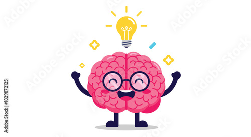 An excited cartoon brain character, wearing round glasses, celebrates a brilliant idea with a glowing lightbulb appearing overhead.