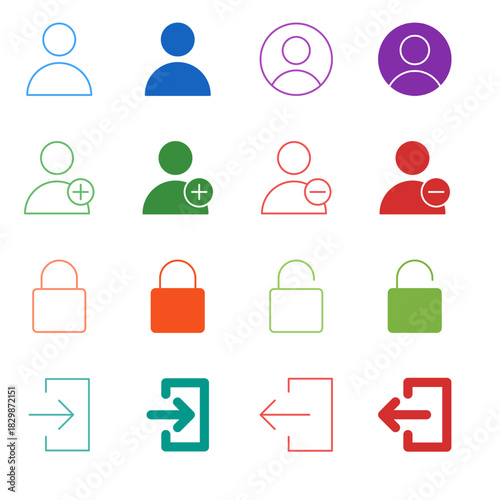 Flat Colored User Account Icon Set in Outline and Solid Style for Security and Authentication Management