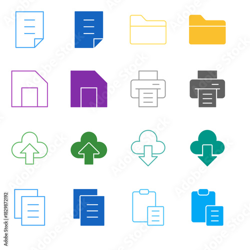 Flat Colored File Management Icon Set in Outline and Solid Style for Document and Data Operations