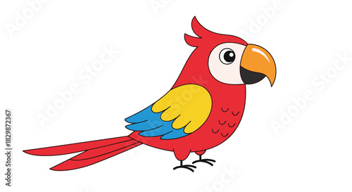 A vibrant and cute cartoon red parrot with distinctive blue and yellow wing feathers, an orange beak, and black feet, on white.