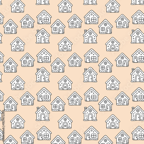 A seamless pattern of simple black-and-white gingerbread house outlines arranged evenly across a warm beige background, creating a cute and festive holiday design.