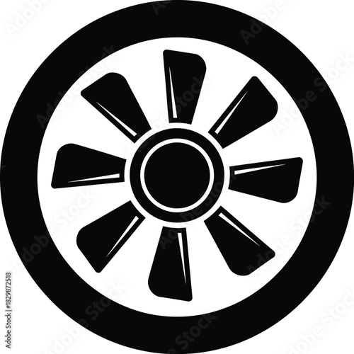 Black silhouette of a fan with eight blades inside a circular rim
