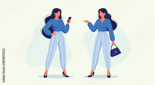 Two stylish women communicate, one using a smartphone and the other gesturing, representing modern discussion and digital interaction.