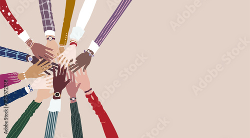 People, colleagues and business partners hand stack, diversity and togetherness concept illustration with copy space