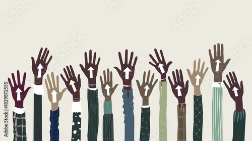 Hands of people raised up in the air, diversity and togetherness concept illustration with copy space