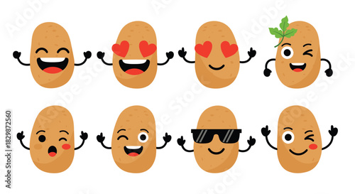 Cute cartoon potato characters with various funny expressions and emotions, ideal for playful food-related designs and children's content.