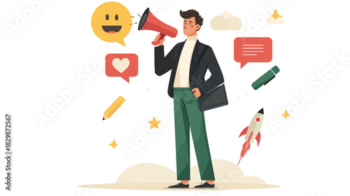 Man with Megaphone Announcing News, Business Communication & Marketing, Social Media Promotion, Digital Advertising Strategy