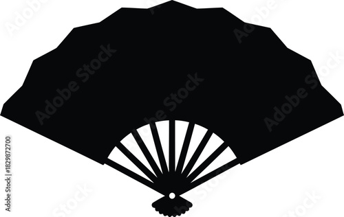 Classic black silhouette of an open folding hand fan on a white background