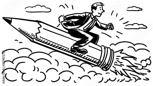 Dynamic businessman riding a flying pencil rocket, symbolizing creative acceleration, writing launch, and rapid business growth.