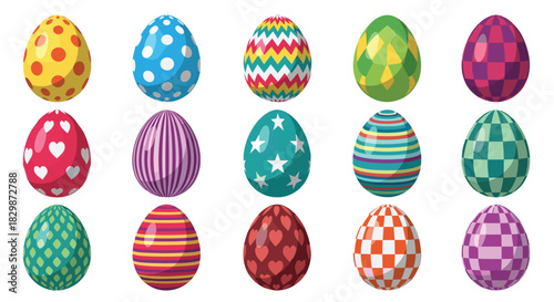 A vibrant collection of fifteen colorful Easter eggs featuring various patterns, perfect for spring holiday celebrations and decorations.