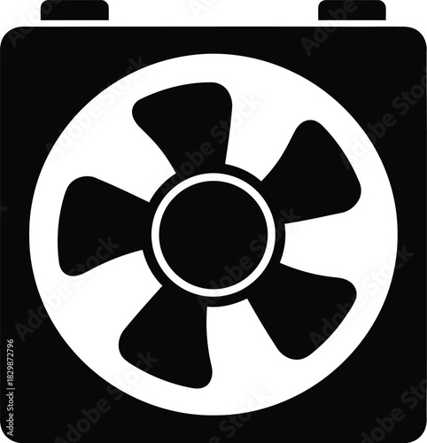 A simple black and white graphic representation of a computer cooling fan silhouette