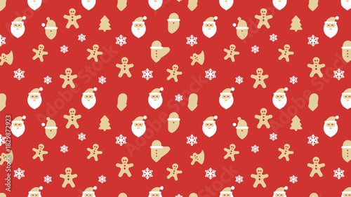 A christmas themed pattern featuring santa claus gingerbread men snowflakes and christmas trees on red background