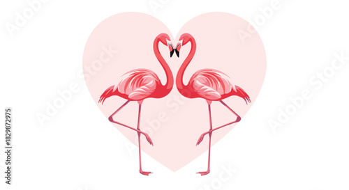 Graceful pink flamingos beautifully form a heart with their necks, standing in a loving embrace on a soft pink background, symbolizing connection.