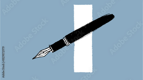 Hand-drawn black fountain pen illustration on white paper block with light blue background. Writing, education, signature, and creativity concept.
