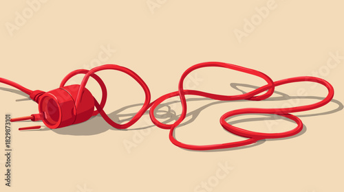 Red Tangled Electrical Cord with Plug Illustration. Messy Power Cable, Electricity Connection Problem, Energy Supply Concept.