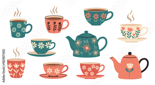A delightful collection of cozy teacups, coffee mugs, and teapots featuring colorful floral and botanical patterns, ideal for a warm beverage theme.
