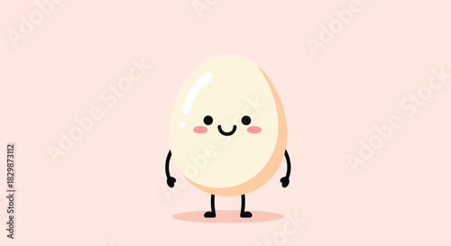 A charming and cheerful cartoon egg character with a happy face and small limbs stands upright on a gentle pink background.