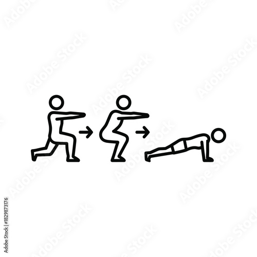 Workout Sequence: Lunge, Squat, Plank Exercise Icons