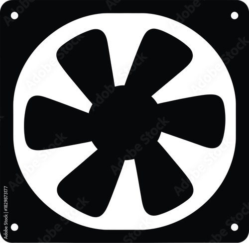 A simple black and white graphic of a computer cooling fan blade silhouette