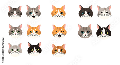 A diverse collection of adorable cartoon cat faces displaying a range of emotions and unique fur patterns, perfect for pet-themed designs.