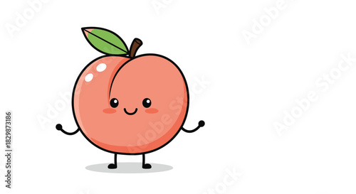 A cute and happy cartoon peach character with a green leaf and smiling face stands cheerfully on a plain white background.