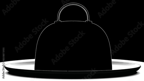 Minimalist black silhouette of a classic cloche food cover on a white serving platter, emphasizing gourmet fine dining, mystery, and presentation.