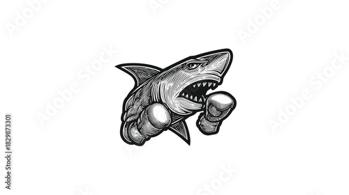 Aggressive Boxing Shark Illustration. Powerful grayscale mascot design with marine predator wearing fighting gloves, symbolizing strength and competition.