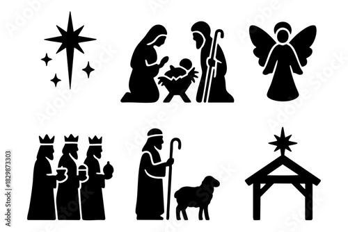 Different christmas Bible story silhouette icons set simple design. Vector stock illustration