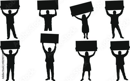 Silhouettes of people holding blank signs, protest demonstration figures, men and women raising boards, activism concept poses for message display and communication