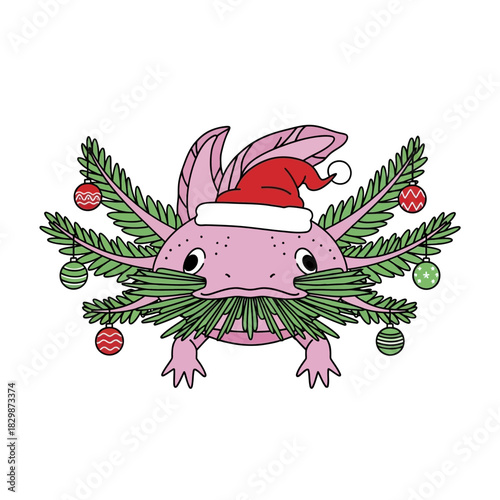 Cute pink axolotl wearing a Santa hat for Christmas.