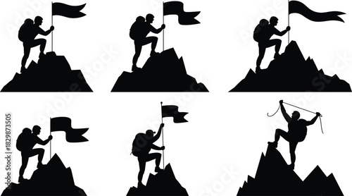 Mountain climber silhouettes reaching summit, adventure hiking scenes with flags, outdoor exploration success, mountaineering achievement illustration for motivation and travel