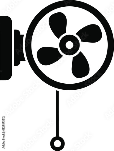 A simple black silhouette of a wall mounted fan with a pull cord for operation