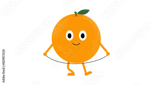 Happy cartoon orange character skipping rope, cute citrus fruit doing exercise, healthy lifestyle concept illustration on white background.