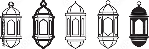 Islamic lanterns icon set featuring five unique designs in both outline and solid black styles, suitable for ramadan, eid, and cultural celebrations. Vector