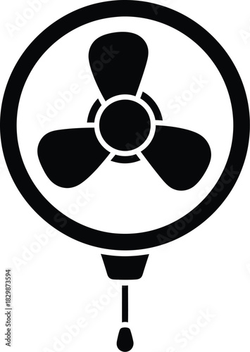 A simple black silhouette of a three bladed fan with a pull cord
