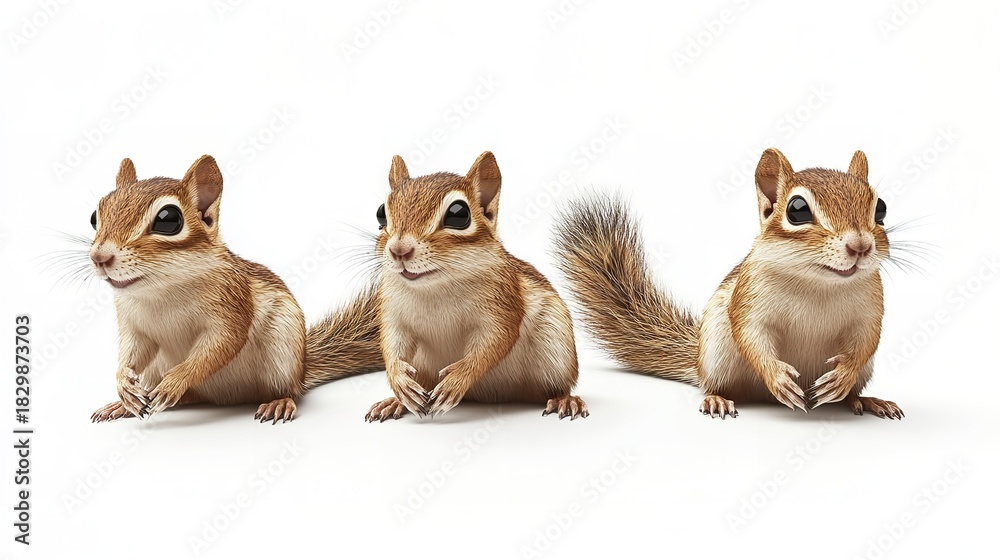 Obraz premium Three chipmunks sitting side by side on a white background looking adorable and very photogenic