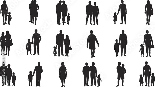 Silhouette illustration of families walking together, parents and children figures, diverse family group artwork for community, relationship, parenting and lifestyle design themes