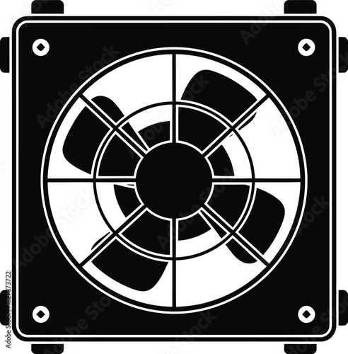 Black silhouette of a computer cooling fan with visible blades and mounting points