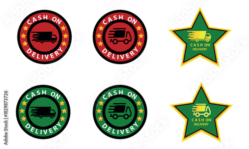 Cash on delivery badge icons in bold circular and star designs
