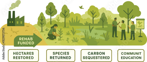 Habitat Restoration Panorama — Biodiversity Offsetting & Hectares Restored Vector