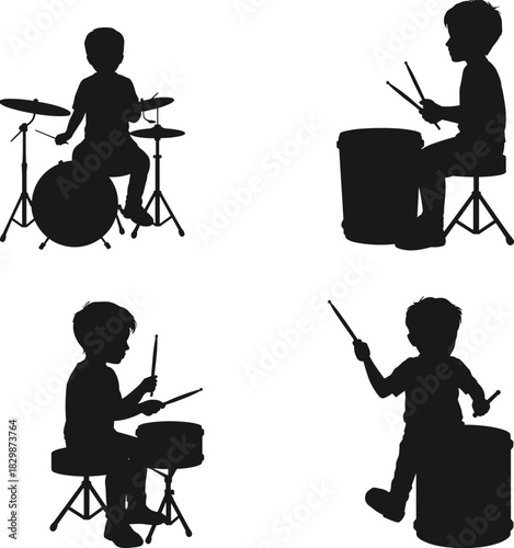 Silhouette illustration of children playing drums, musical kid performers, percussion practice artwork, creative music activity concept for education and entertainment designs