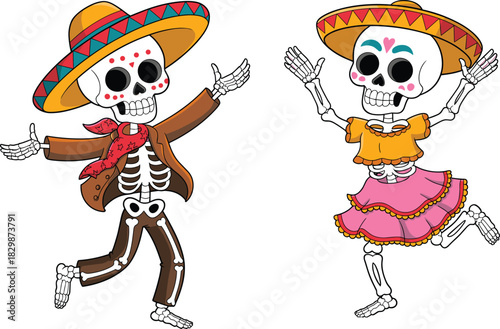 Colorful dancing skeleton characters celebrating Día de los Muertos, festive cartoon calavera figures in traditional Mexican clothing for holiday art and decoration
