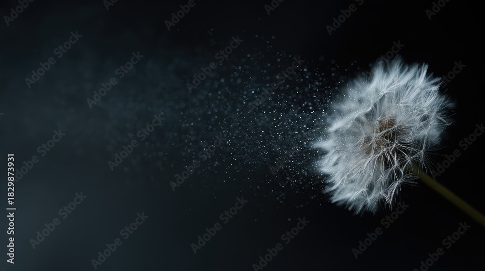 Fototapeta premium close-up of dandelion dispersing seeds, dark black backdrop, airy and elegant motion