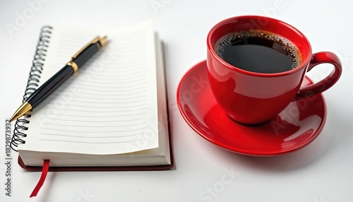 Vibrant red coffee mug with fresh black coffee sits next to open spiral notebook. Sleek black gold pen rests on blank lined pages. Simple still life on white promotes morning work, study, planning,