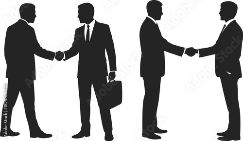 Business handshake silhouette, professional agreement, corporate deal, partnership icon, briefcase figure, black vector, negotiation scene, mutual respect, business meeting, formal attire