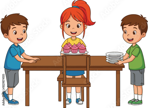 Children preparing cupcakes, cartoon party setup, teamwork and celebration sketch, joyful table scene vector, social interaction illustration concept