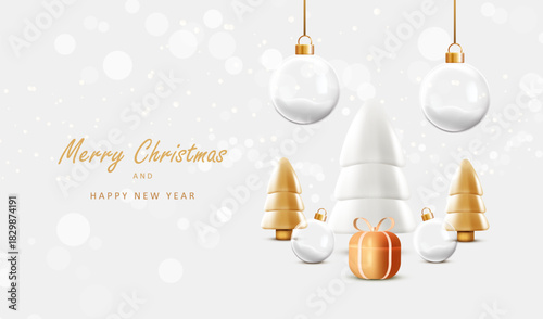 Christmas background with hanging glass balls and trees. Holiday card with silver snow and gift box. Vector xmas design.