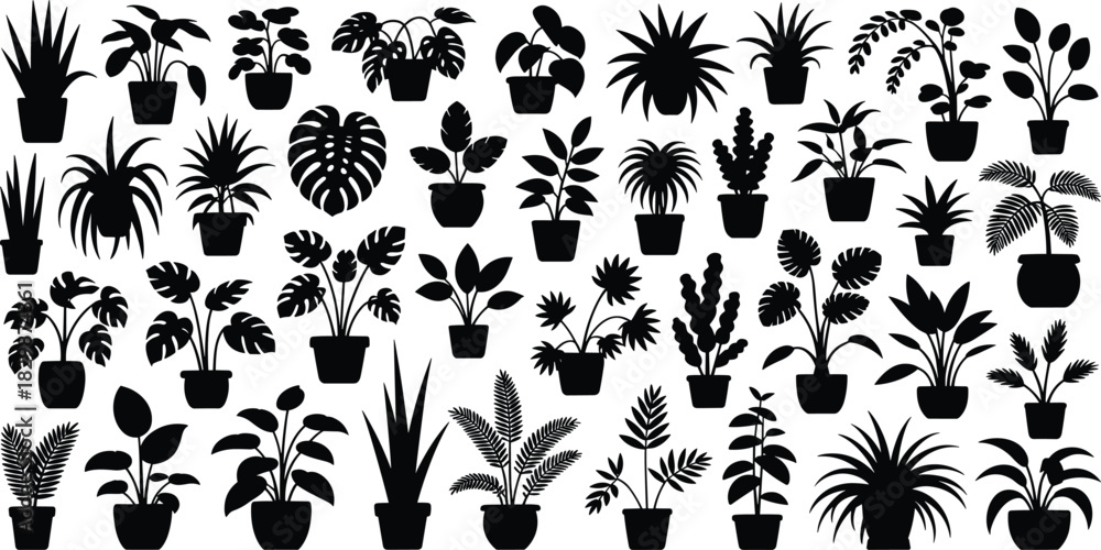 Fototapeta premium Potted plant silhouettes, indoor greenery, botanical icons, decorative foliage, houseplants collection, leaf shapes, black vector plants, minimalist design, nature