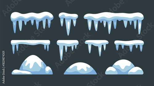 A set of cartoon snow and icicle illustrations on a dark background for winter themed game design use
