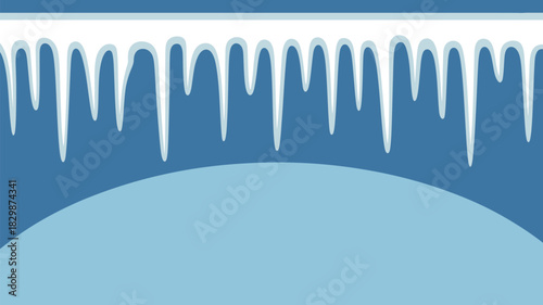A winter scene with icicles hanging down from a ledge against a blue background with a light blue curve